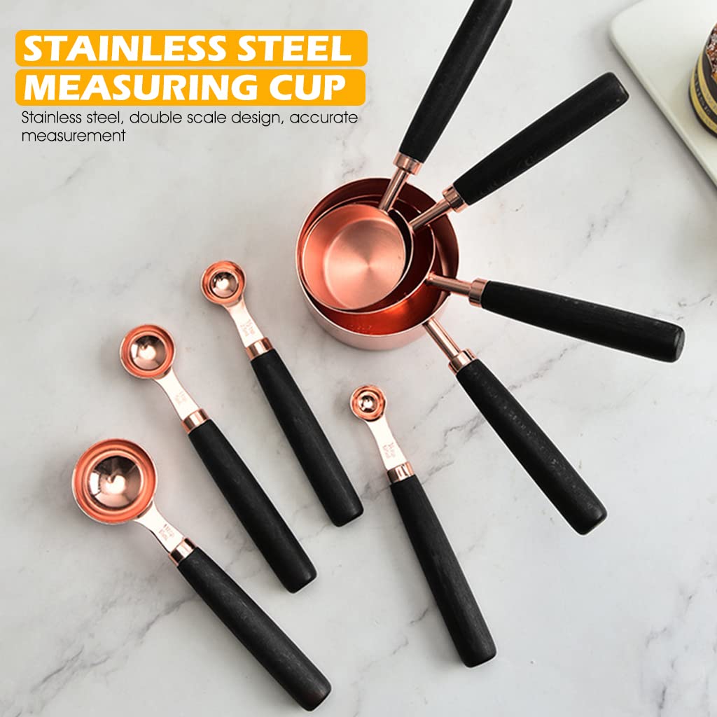 HASTHIP 8pcs Measuring Cup and Spoons Set, Stainless Steel Measuring Cup with Wood Handle for Kitchen/Food/Liquid/Baking