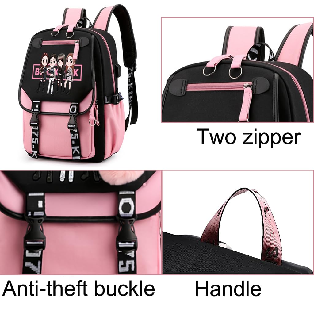 PALAY Black Pink Bag For Girls School Bag with USB Cable Jack Cute Backpacks Idol Print Design Laptop Backpack and Casual Backpack Student Accessories That can Hold 16.8 inches Books