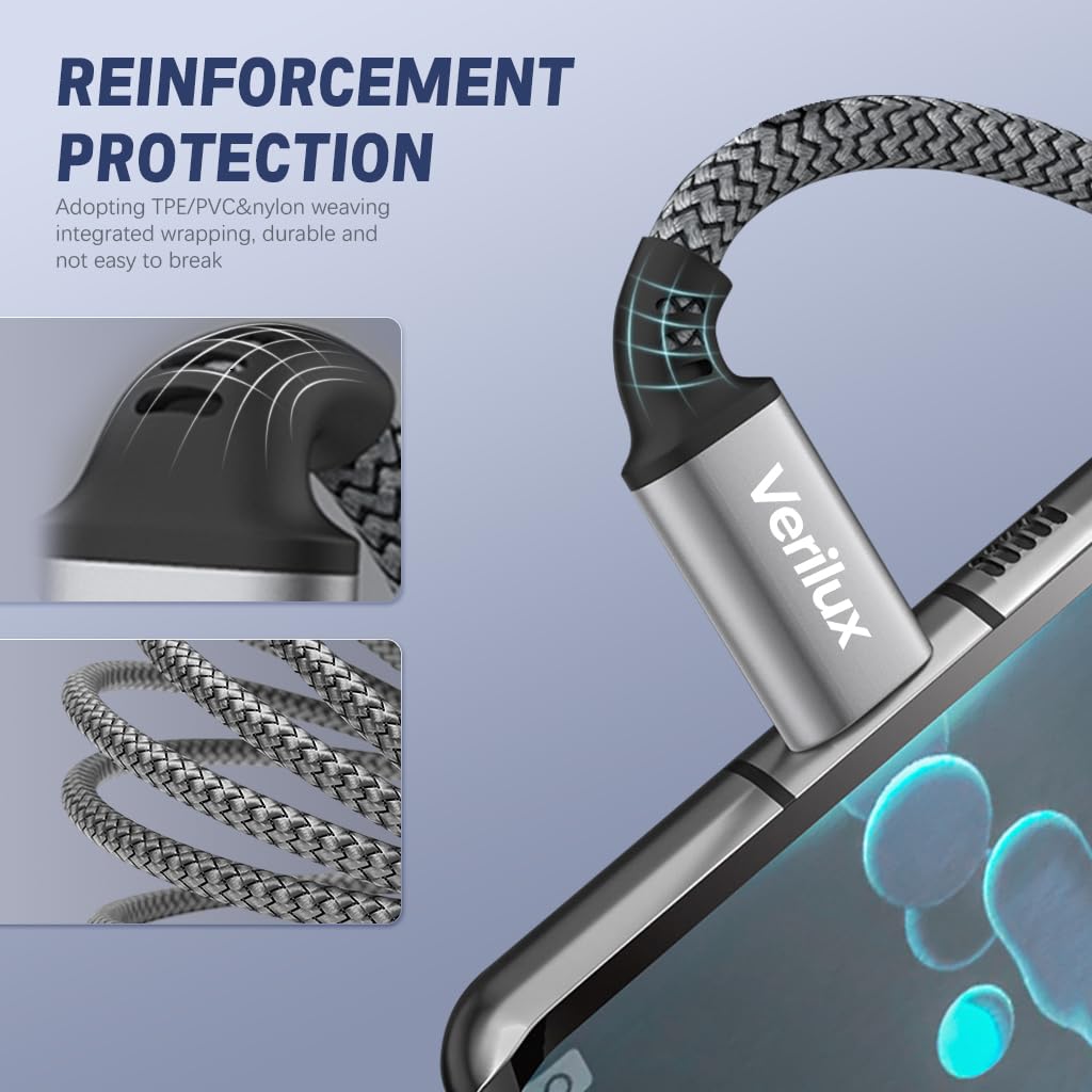 Verilux 60W USB C to USB C Fast Charging Cable 480Mbps Data Transfer 9.8Ft Nylon Braided Cable For Computer, Smartphone