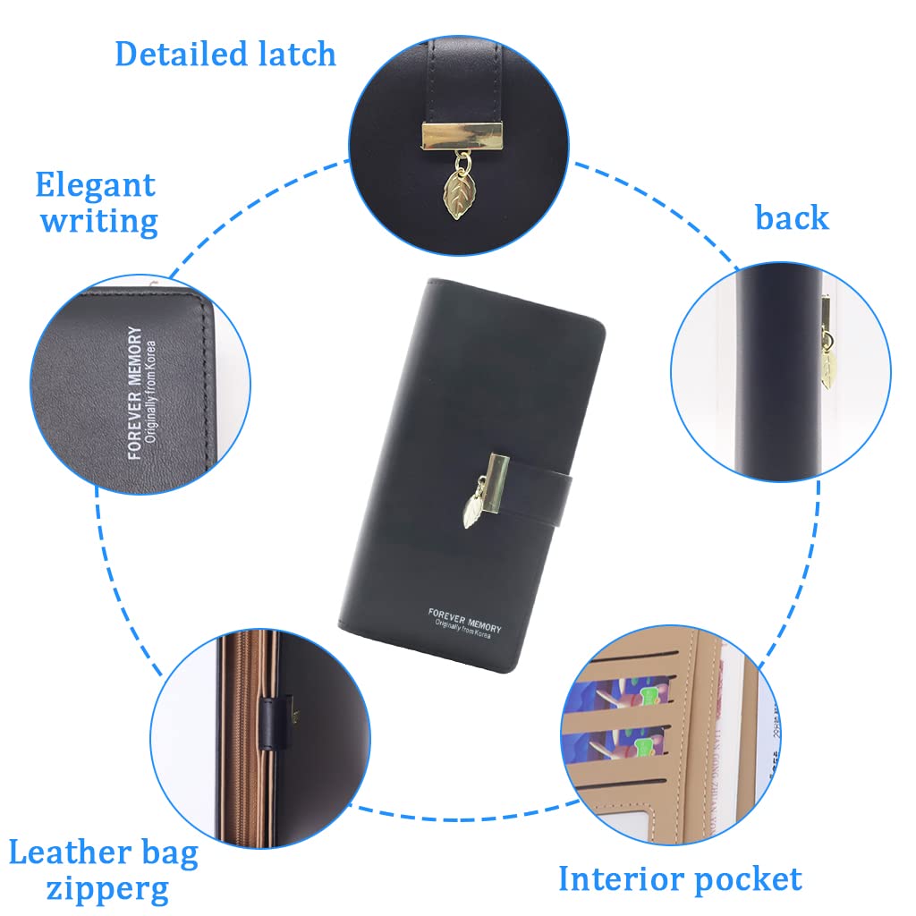 PALAY Women's PU Leather Long Wallet with Hand Strap Leaf Pendant Card Holders Phone Pocket Zipper Coin Purse Clutch Bag for Women (Black)