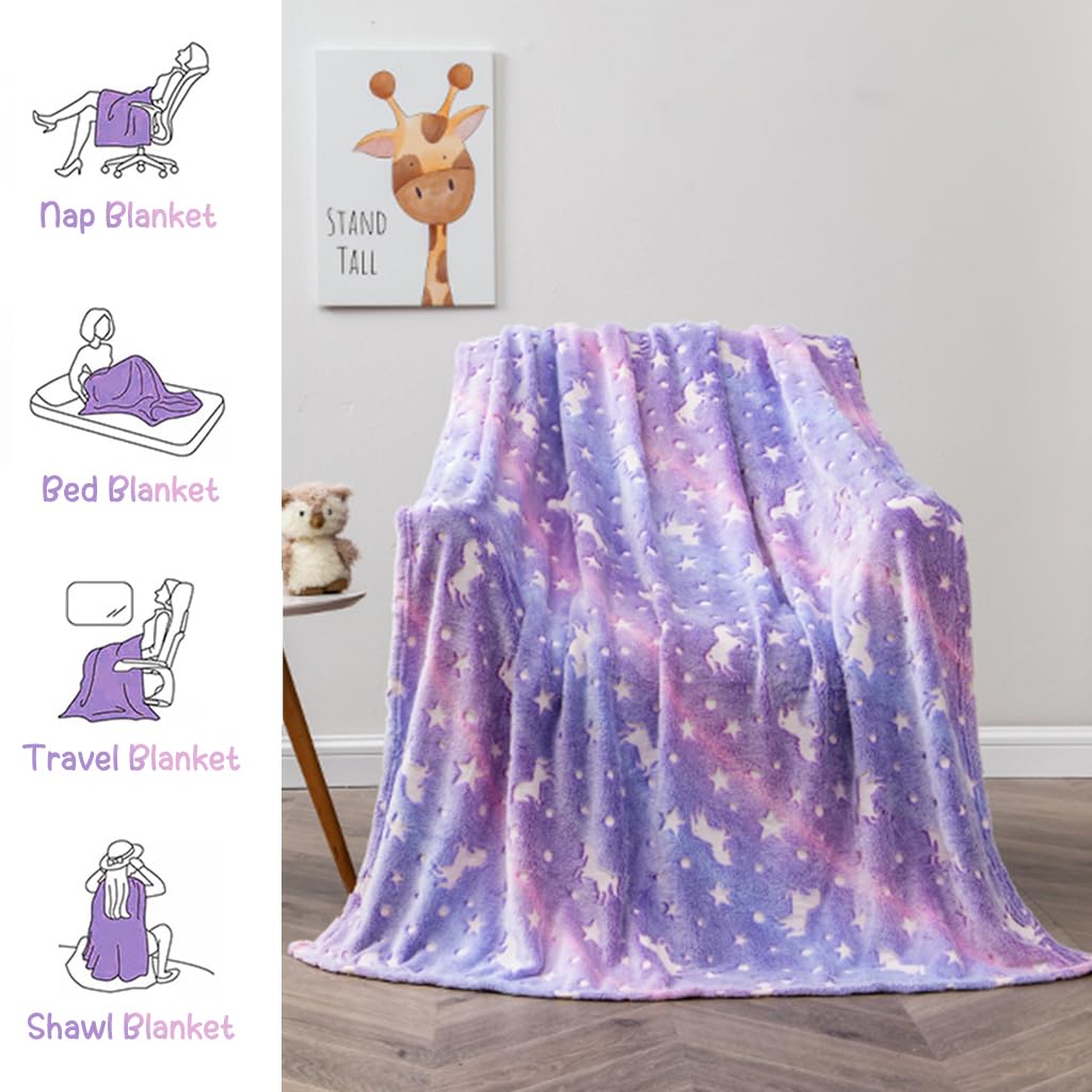 ZIBUYU Winter Blanket for Kids Girls Flannel Blanket Warm Soft Night Glow in Dark Furry Safe Luminous Unicorn AC Blanket for Boys & Girls (70 x 60 inch) - Purple