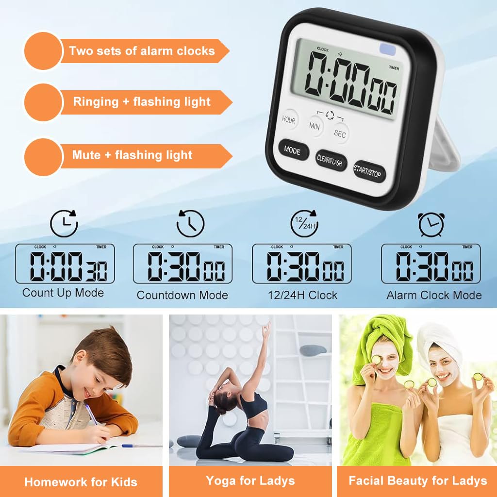 ZIBUYU Kitchen Timer, Digital Visual Timer 24-Hours Clock Stopwatch Count-Up & Count Down Timer with Large LCD Screen Display Big Digits, Loud Alarm for Cooking, Shower, Bathroom, Kids, Teacher Black