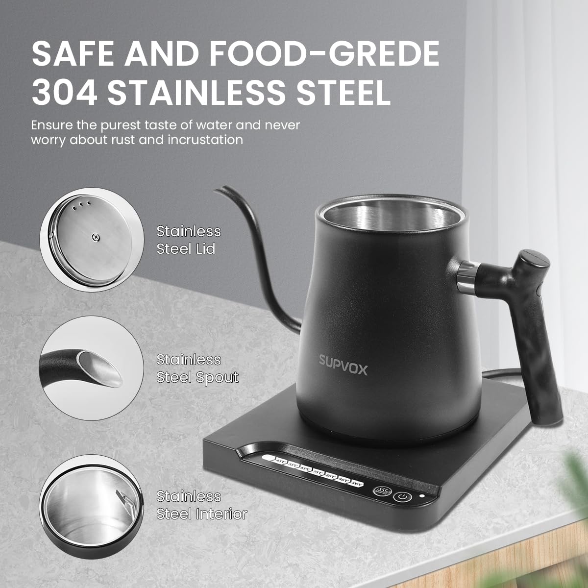 Supvox Gooseneck Electric Kettle for Hot Water Kettle with Temperature Control 1 Liter Hot Water Boiler for Home 1000W Electric Tea Maker Machine with 7 Temperature Button for Pour Over Coffee