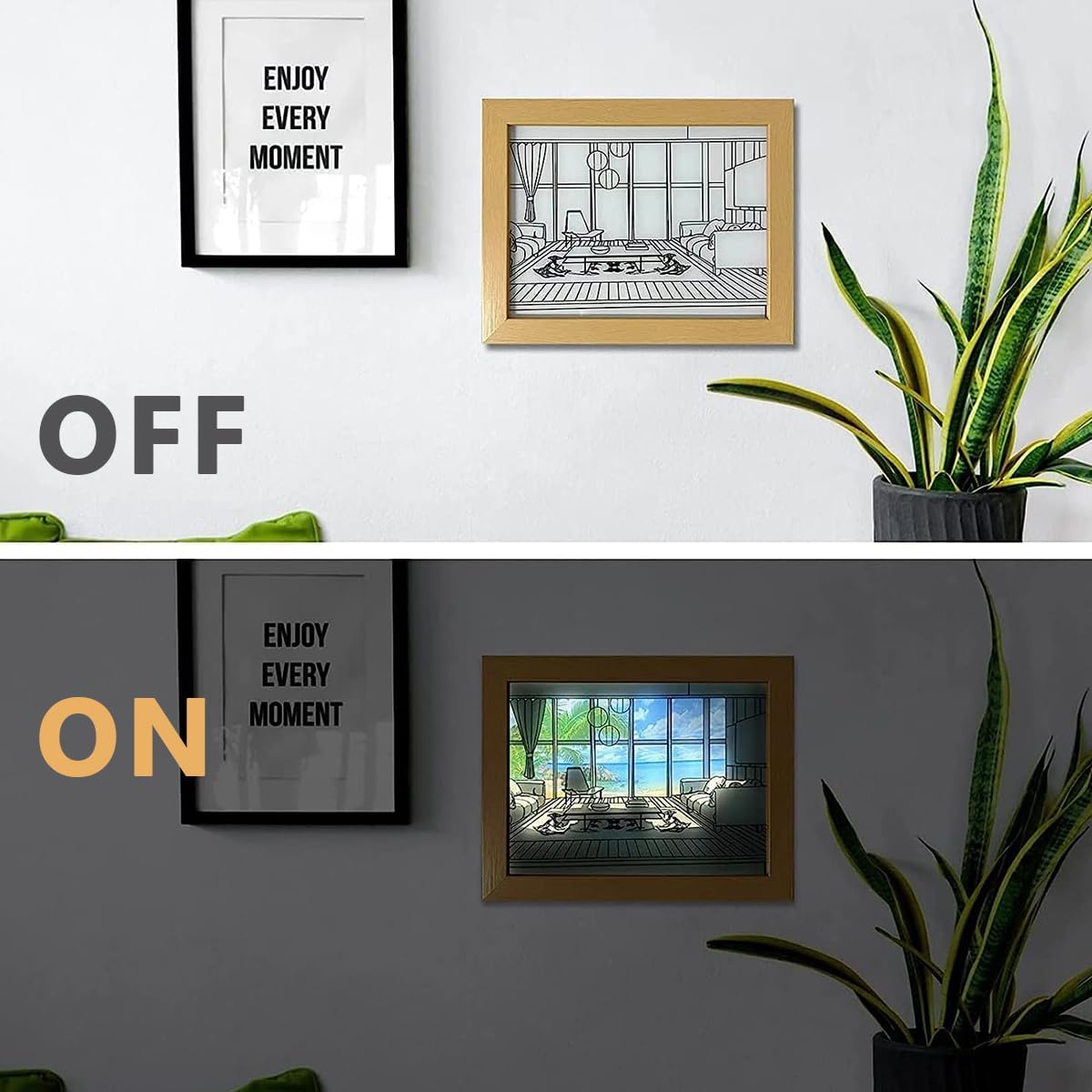 HASTHIP Wooden Framed Art Wall Lighting Painting Decoration, LED Glowing Photo Frame, Adjustable Acrylic Glass Painting Decorative, USB Powered, 3 Lighting Modes, Wall Decor for Home Bedroom (B)