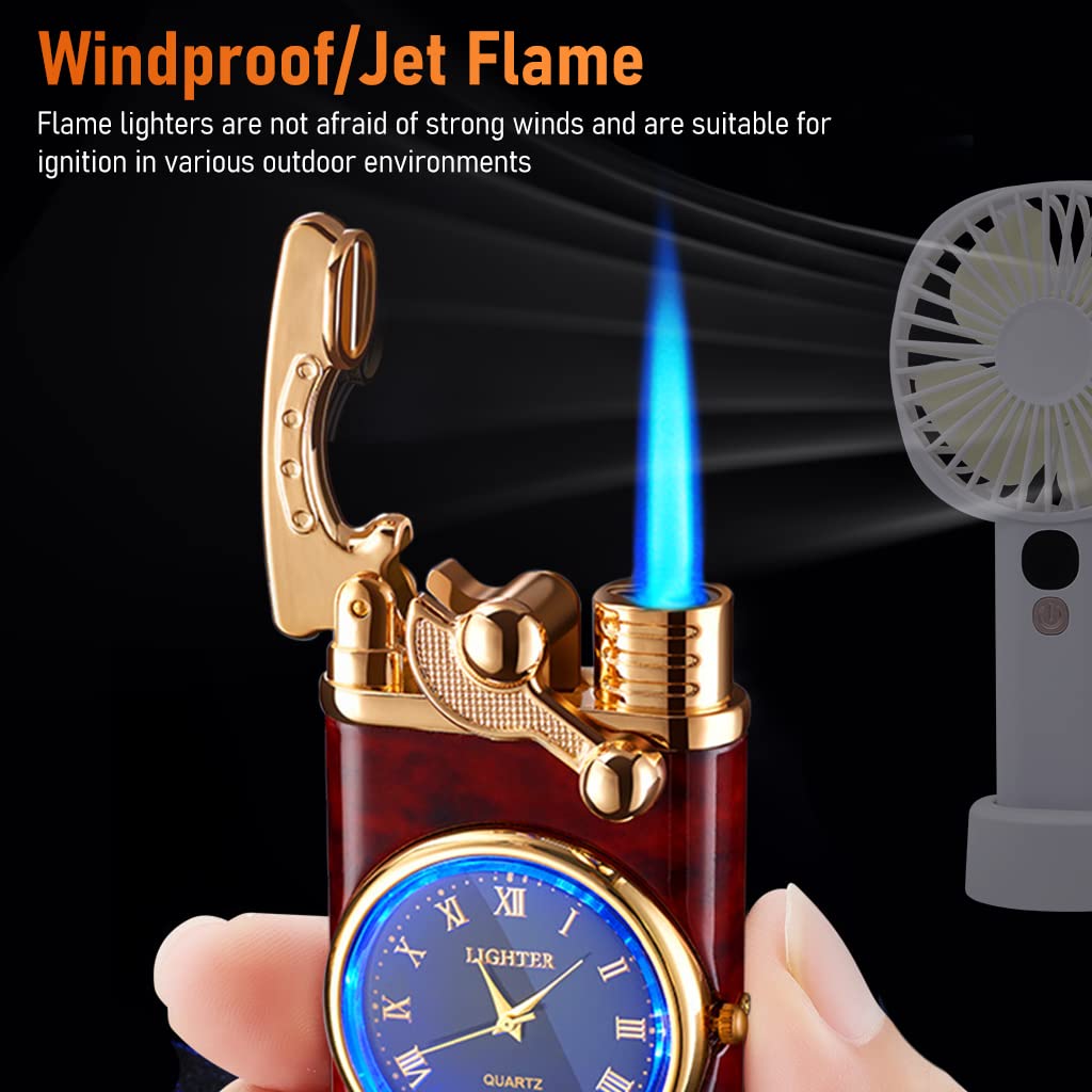 GUSTAVE Cigarette Lighter with Lighted Electric Watch, Refillable Butane Lighter Cigar Lighter, Windproof Portable Candle Lighter for Grills BBQ Fireplaces Camping (Without Gas)