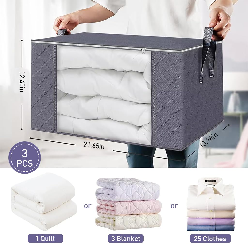 HASTHIP 3 Packs Large Storage Bags, Clothes Storage Bins Foldable Closet Organizers Storage Containers with Lids and Handle for Clothing, Blanket, Comforters, Bed Sheets, Pillows
