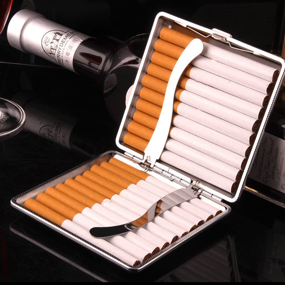 GUSTAVE Retro Metal Cigarette Case - Cigggrate Case - Cigarette Case for Men Stylish - Double Sided Spring Clip Open Pocket Holder for 20 Cigarettes 84mm (Silver)