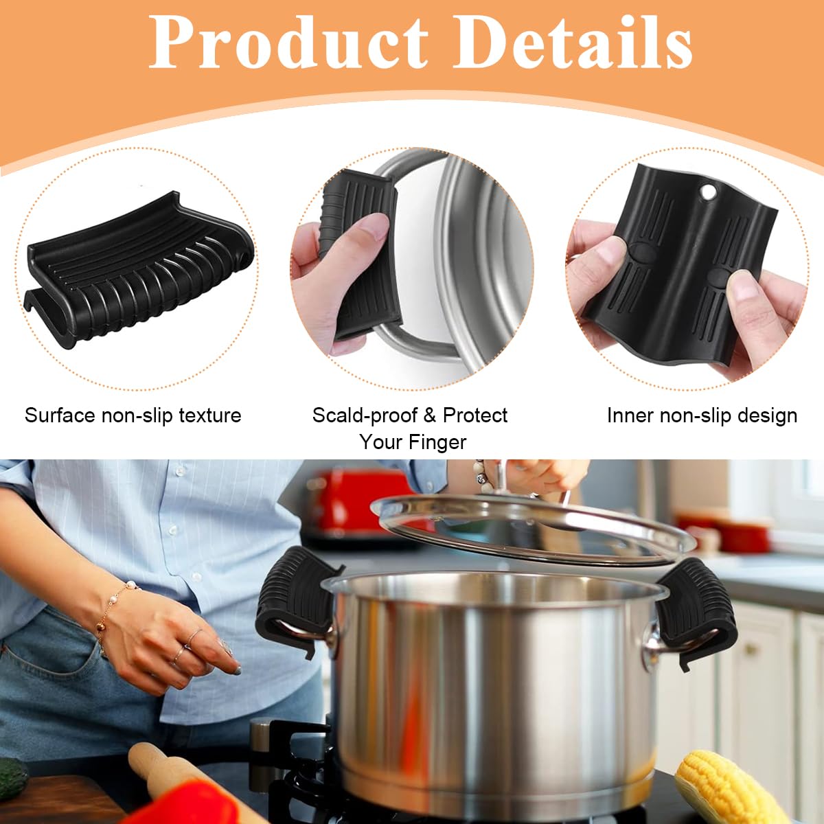 Supvox Cast Iron Fry Pan Silicone Pan Handle Covers - 4 Pack Skillet Handle Cover Pot Handle Holder Sleeve, Non-Slip Heat Resistant Removable Potholder for Metal Frying Pans Cookware Handles