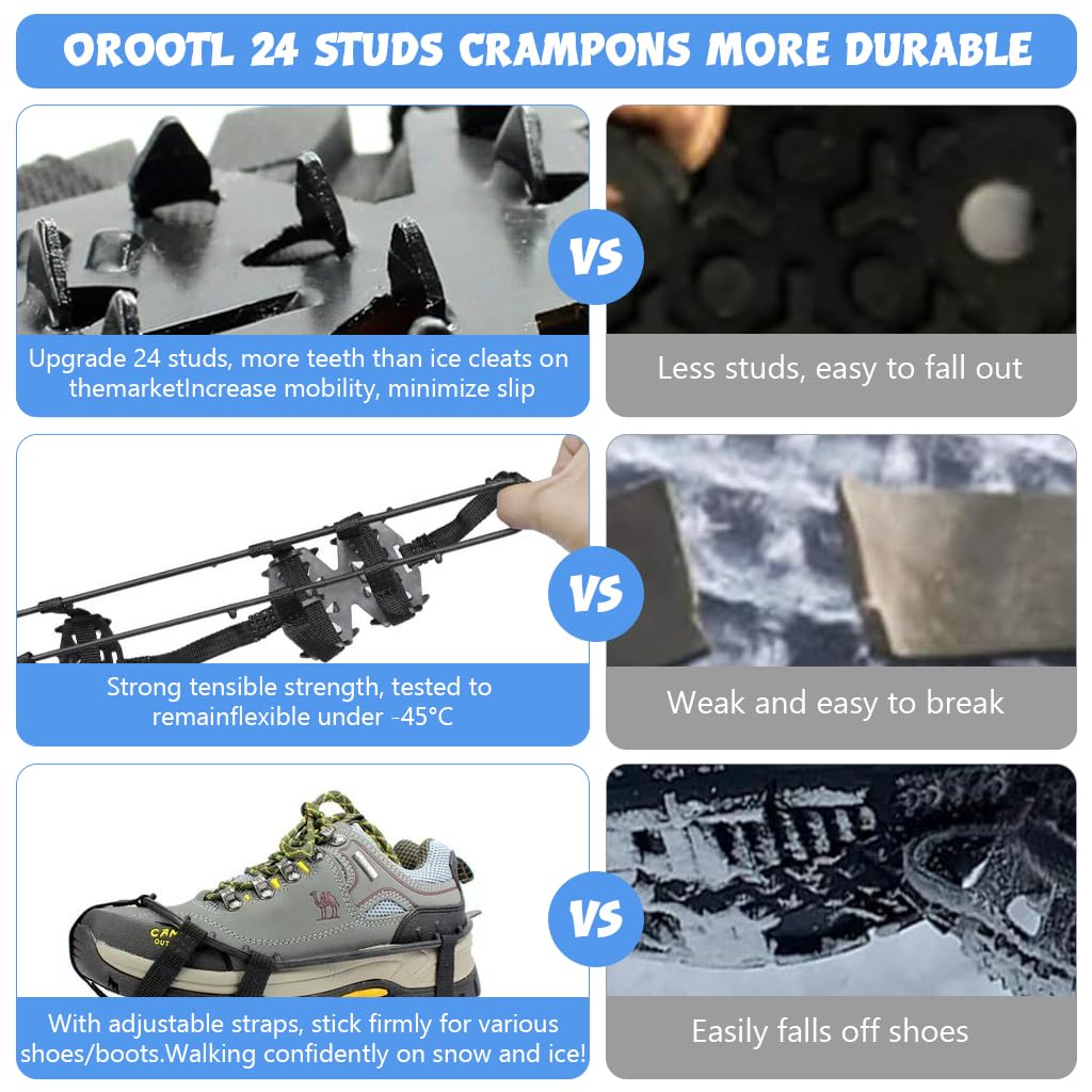 GUSTAVE 1 Pair Ice Cleats for Shoes 24 Manganese Steel Spikes Design Ultra Strong Traction Anti-skid Ice Cleats Adjustable Ice Cleats for Men Women Outdoor Ice Cleats for Walking, Trekking, Hiking, L