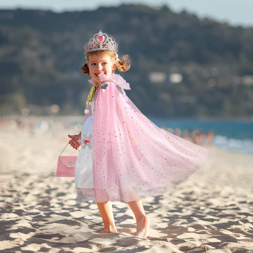 PATPAT Princess Dress Up Costume for Girls Pink Dreamy Lace Cape Skirt with Beaded Jewelry, Fairy Wand, Gloves, Bag, Princess Cosplay Halloween Princess Dress Up Set Birthday Gift for 3-8 Years Old