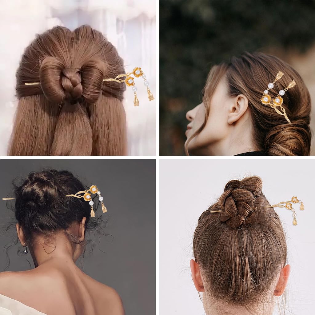 MAYCREATE Floral Hair Pins for Women Girls, Gold Metal Hair Stick for Buns, Pearl Pendent Hair Bun Stick, Elegant 6.4'' Juda Pin Hairpin Hair Accessories for for Updos, Buns