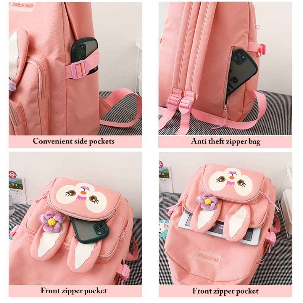 PALAY 5Pcs Set Cute Backpack for Girls Canvas Backpacks Set with Canvas Tote Bag Waterproof Multi-Pocket Kawaii School Backpack for Kids Laptop School Bag