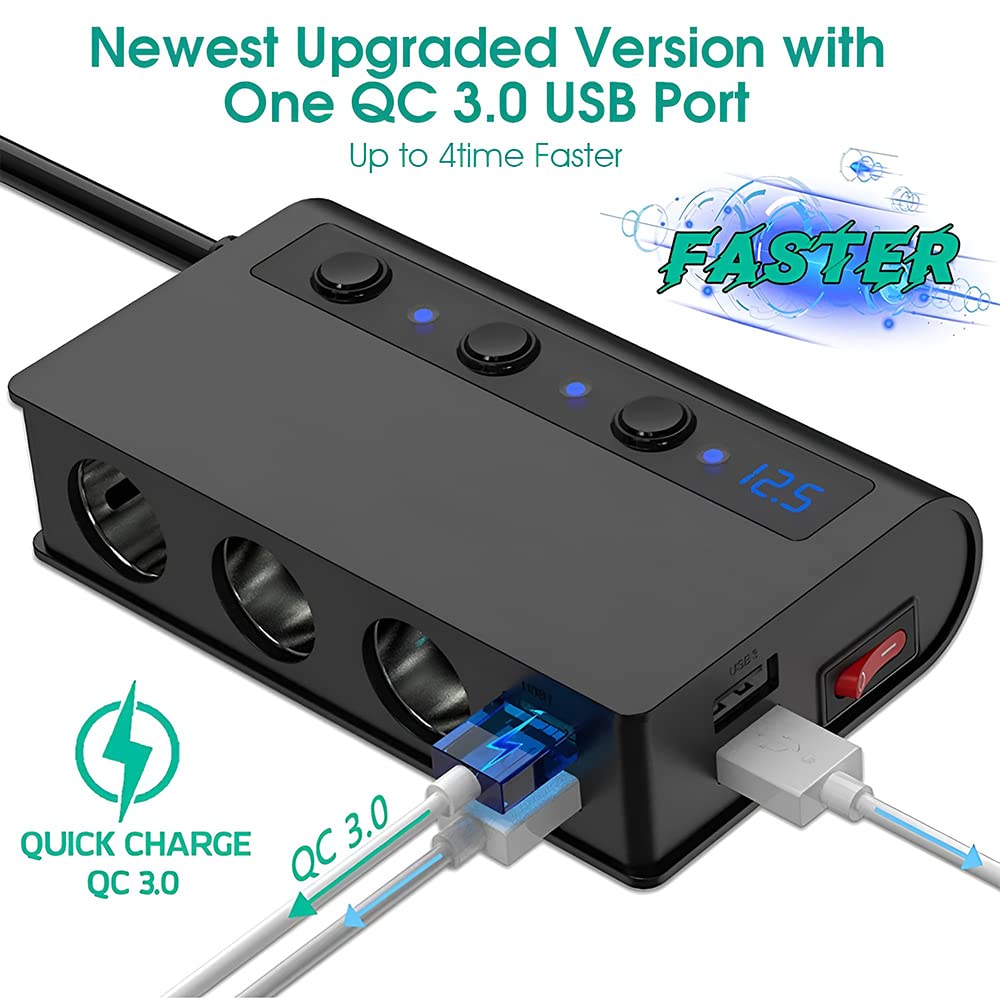 STHIRA Car Charger, 180W 3-Stocket Cigarette Lighter Splitter with 4 USB Ports 12V/24V Cigarette Lighter Adapter with Separate Switch Voltage Monitor & Replaceable Fuse for GPS/Dash Cam/Phone