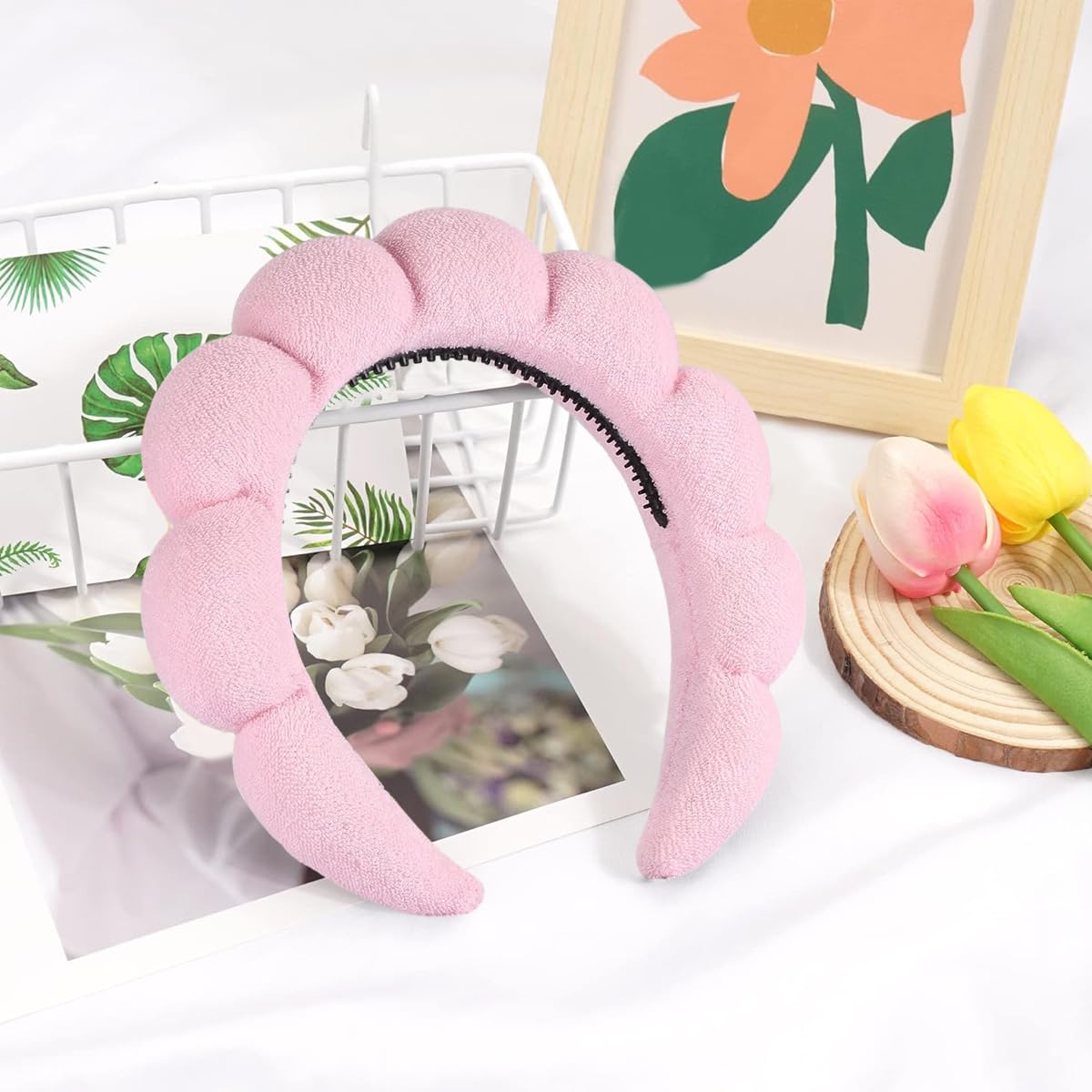 MAYCREATE Spa Facial Headband for Women Washing Face, Puffy Skincare Headbands for Women Girls, Upgrade Anti-slip Terry Cloth Hair Band for Makeup - Pink