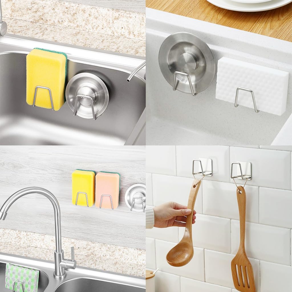 HASTHIP 2Pcs Self Adhesive Sponge Holder Sink Caddy for Kitchen Sink, 304 Stainless Steel Scrubber Hanger Caddy Accessories for Kitchen Accessories, Sliver