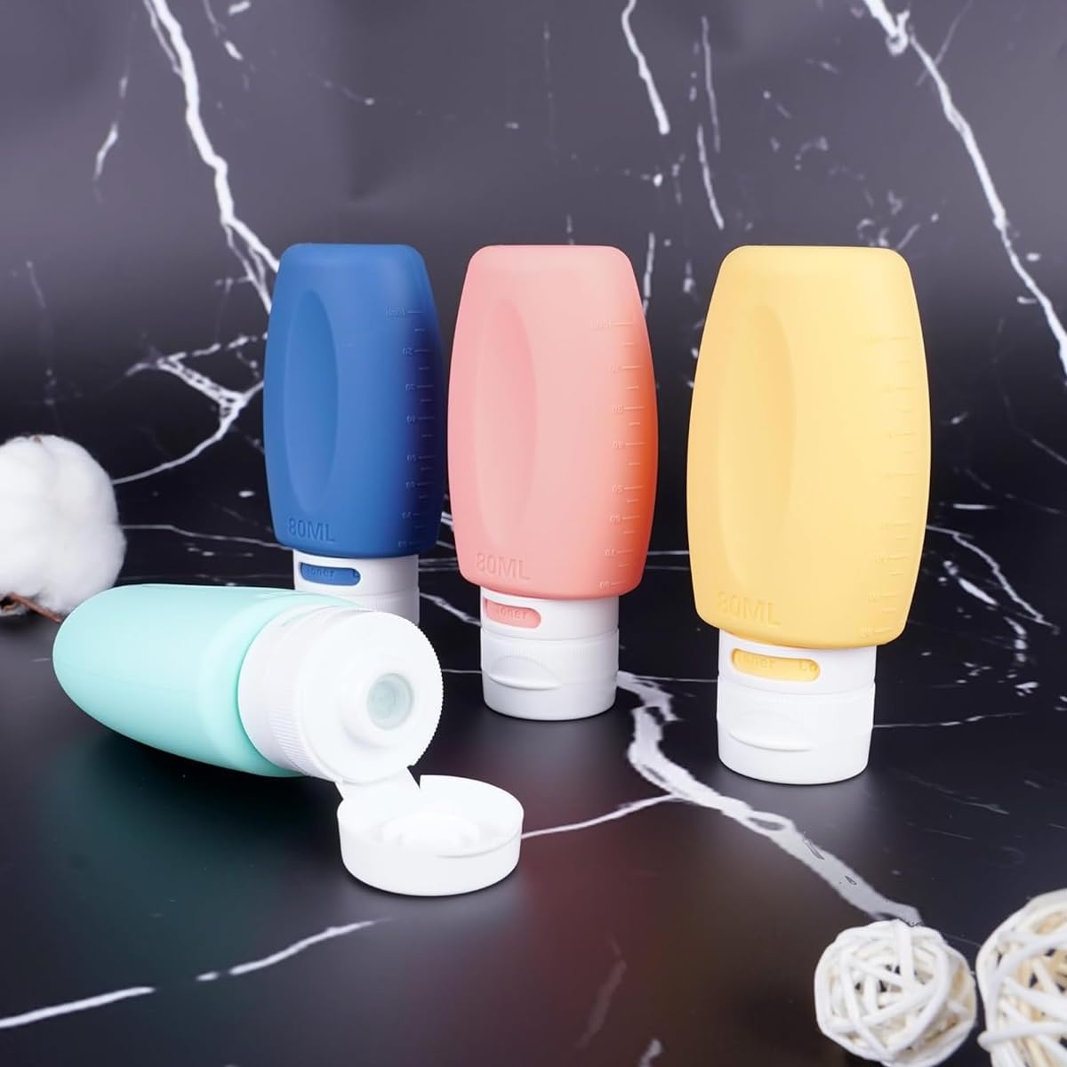 MAYCREATE 4 Pack Travel Bottles for Toiletries, 3oz Silicone Travel Dispenser Bottle, 3-Layer Leak Proof Squeezable Toiletry Bottles Kit for Shampoo Lotion Toner - BPA Free, with Clear Marked