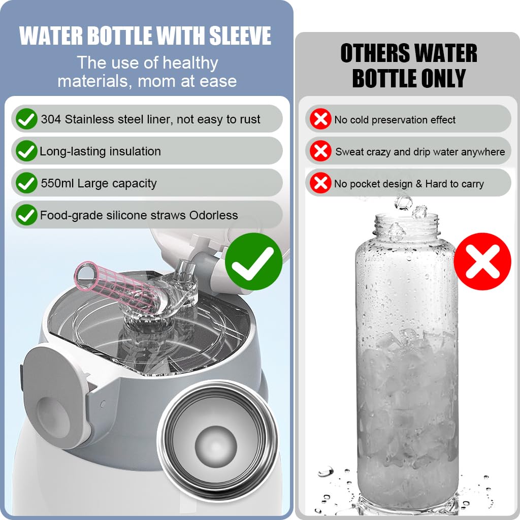 SNOWIE SOFT 550ml Cute Water Bottle for Kids, Unicorn School Water Bottle for Boys, Double-Layer Stainless Steel Water Bottle with Straw, Hot Cold Water Bottle with 3 Cup Lid, 1 Cup Sleeve, 1 Brush