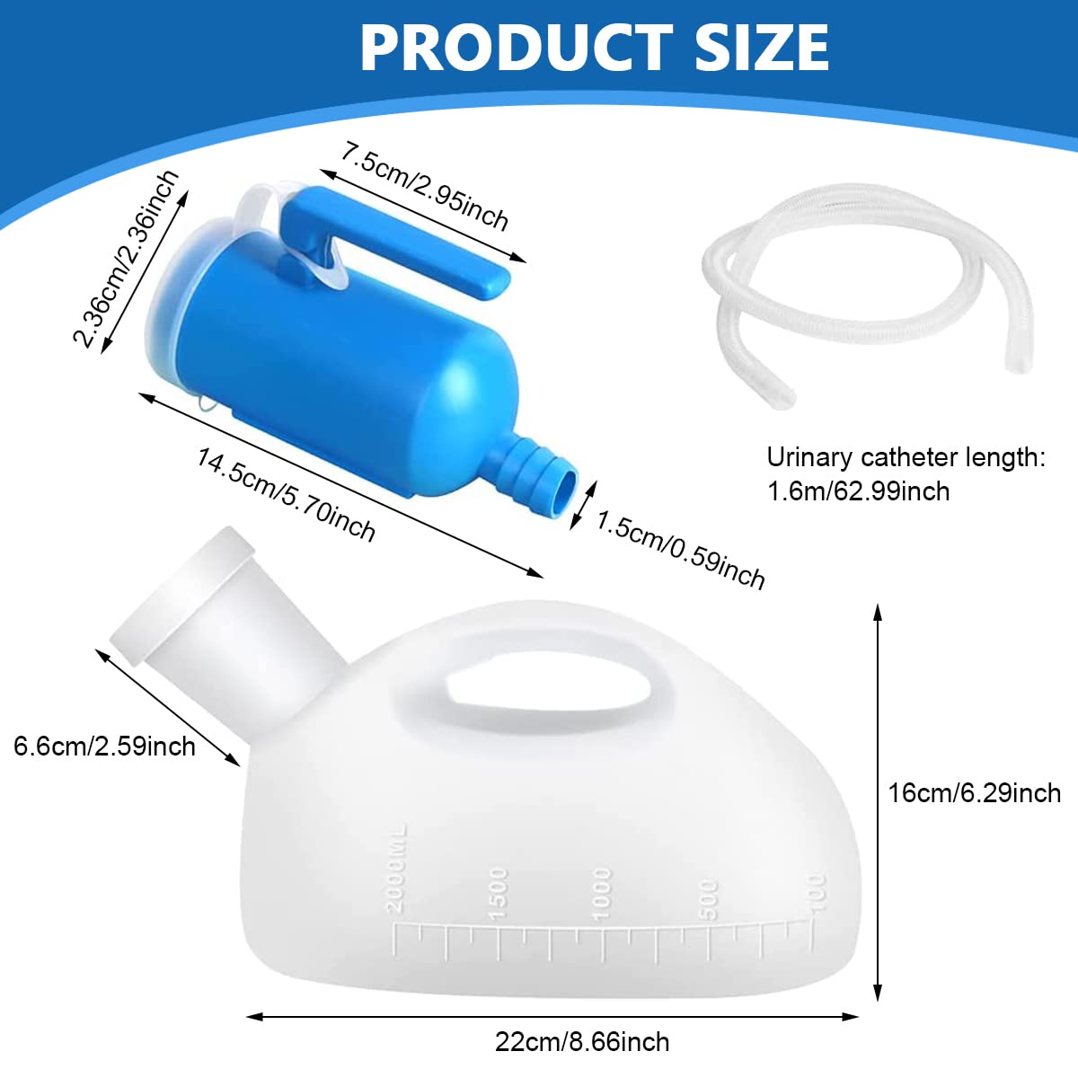 HANNEA Urine Collector for Men, 2000ml Urinals Urine Pot for Men with 5.2ft Long Tube, Reusable Spill Proof Outdoor Emergency Pee Bottle, Male Standing Urinal Kettle for Kids Adult Car Travel Camping