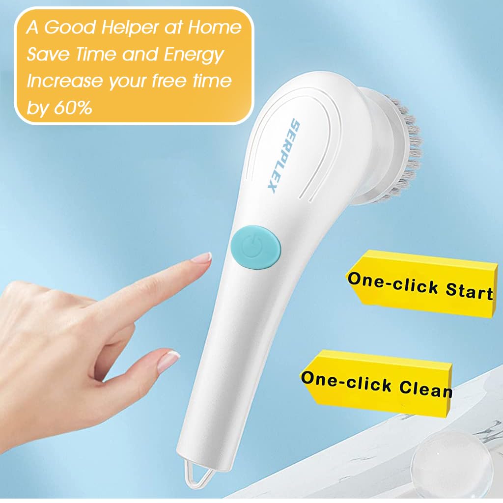 Serplex Electric Cleaning Brush Rechargeable Electric Spin Scrubber with 5 Brush Heads, 360° Rotation Bathroom Cleaning Brush Electric for Range Hood, Glass, Window, Car, Bathtub, Tile, Shoes