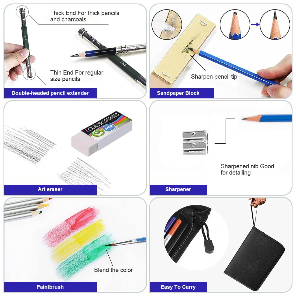 HASTHIP Sketching Kit - 51Pcs Professional Sketch & Drawing Tool Kit with Zipper Case, Graphite & Colour Pencils, Charcoal, Eraser, Sharpener, Christmas Gift for Artists, Students & Hobbyists