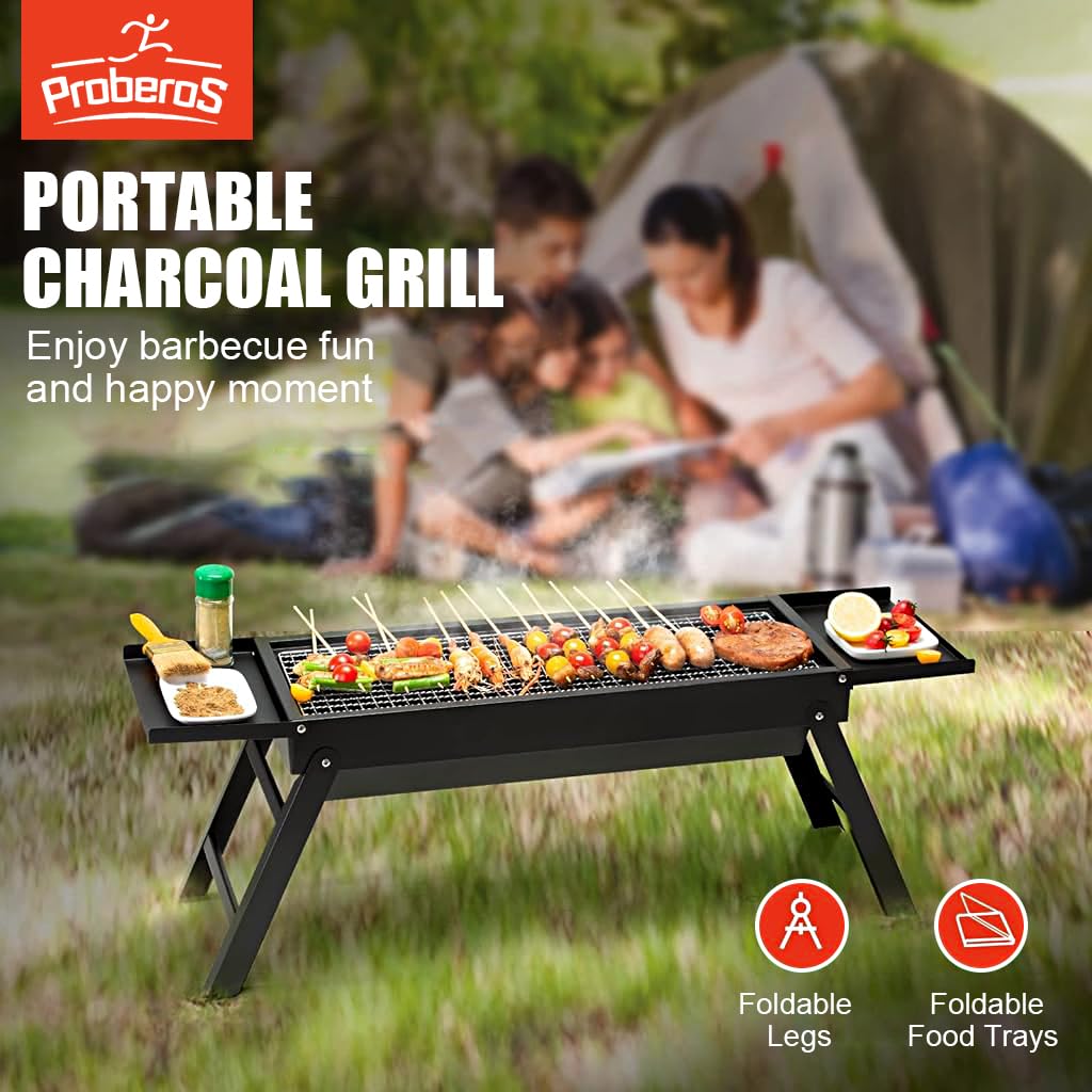 HASTHIP 60cm Portable and Foldable BBQ Grill Set for Home with Condiment Table, Charcoal BBQ Grill Set for Picnic, Outdoor Camping, Travelling, Backyard