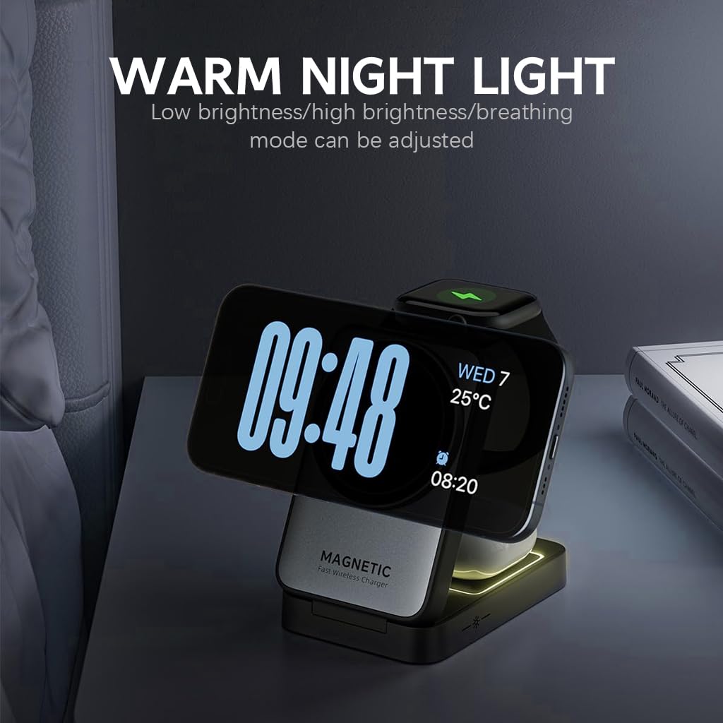 zitronix 3 in 1 Wireless Charging Station Travel Folding Wireless Charger Stand Station for iPhone, iWatch & AirPods Magnetic Mag-Safe Charger Stand 15W Magnetic Wireless Fast Charger