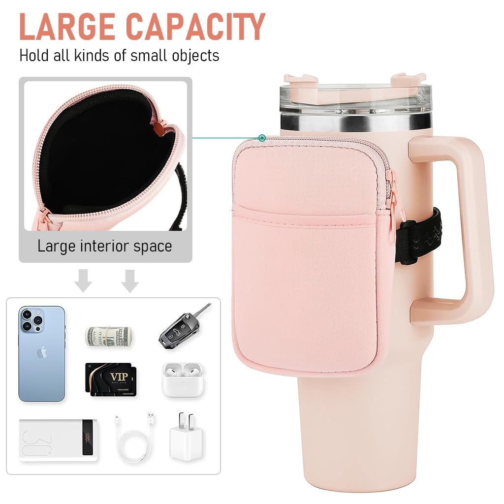 HASTHIP Water Bottle Pouch for Stanley, Gym Accessories with Adjustable Strap for Women, Sports Water Bottle Tumbler Pocket for Phone, Card, Keys, Cash, Pink