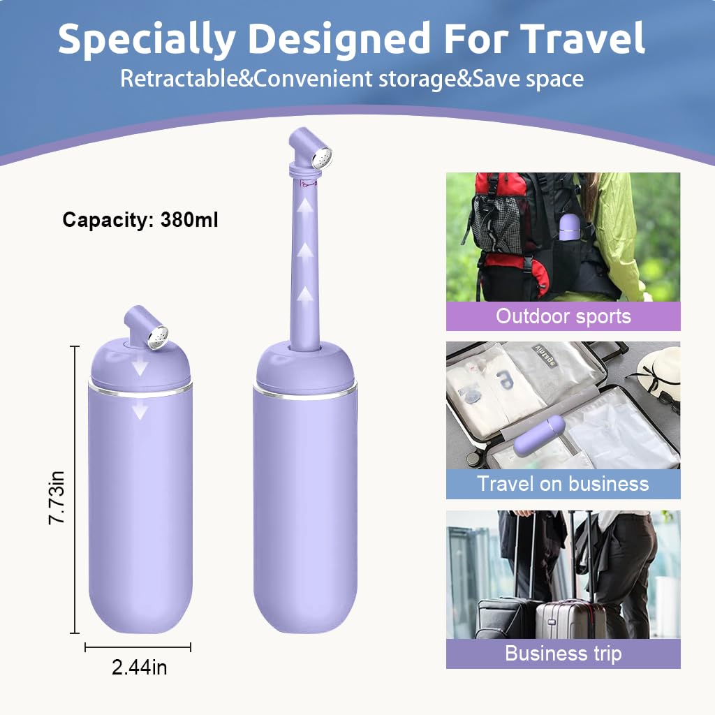 HANNEA Travel Bidet 380ml Portable Travel Bidet with Lid Sanitary Rinse Bottle with Retractable Spray Nozzle Leaking Proof Travel Bidet for Women, Personal Handheld Sanitary Bidet(Purple)