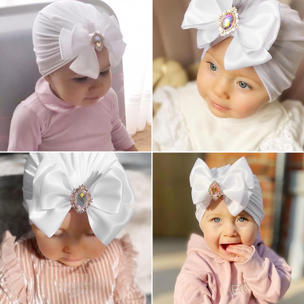 PALAY 3pcs Turban Caps for Baby Girl Boy Cute Infant Bow Caps for Baby Girl Stretchy Crystal Satin Bow Hat for Baby Girls Shower Gift Baby Caps for Born 0-12 Months
