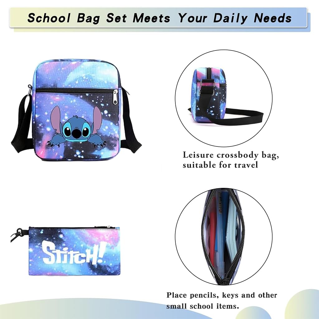 PALAY School Backpack Set of 3Pcs Students School Backpacks Casual Messenger Bag & Pencil Pouch Fashion Cartoon Stitch Print School Backpack Shoulder Bag Book Bag Birthday Gift for Kids