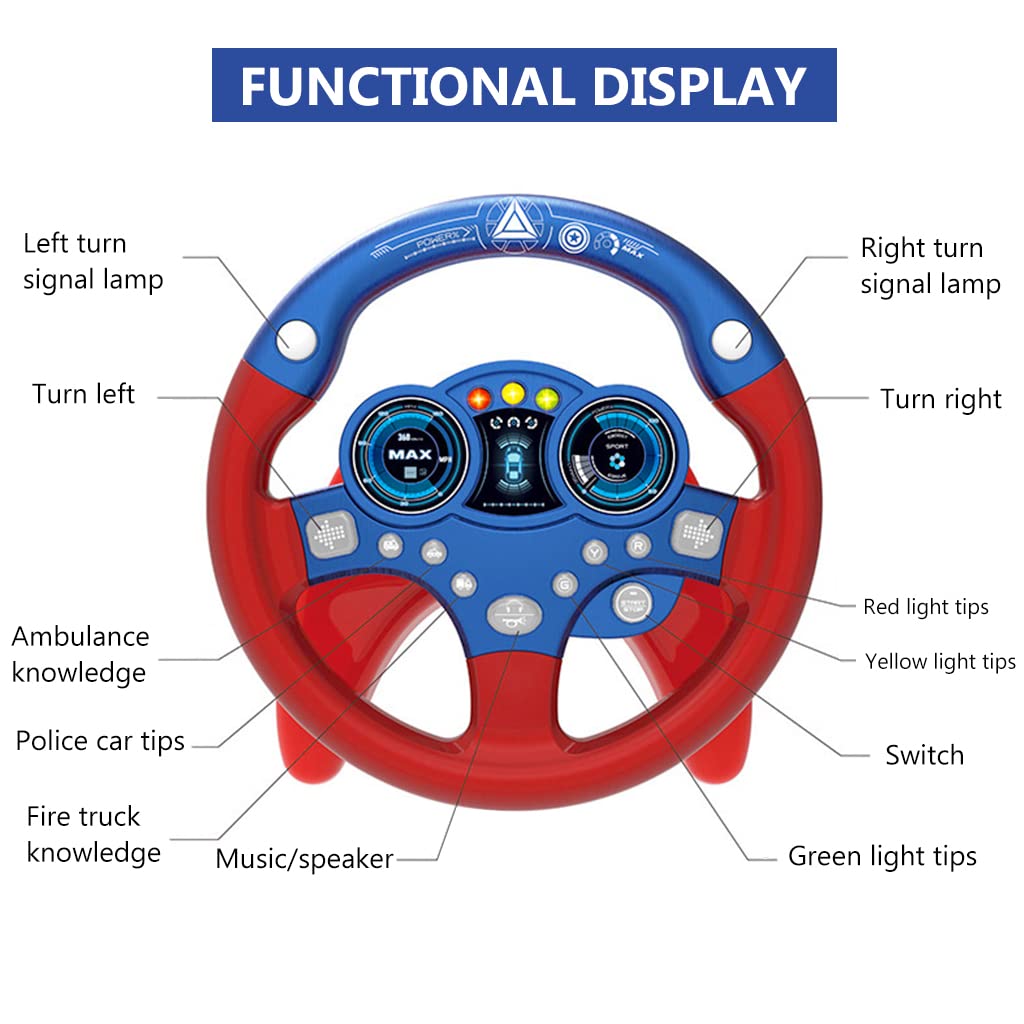 PATPAT Steering Wheel for Kids Simulation Racing Learning Educational Toys, Steering Wheel Toy, Musical Toys, Simulated Driving Sensory Toy Gifts for Baby Girls Boys 1-3 Years, Blue&Red