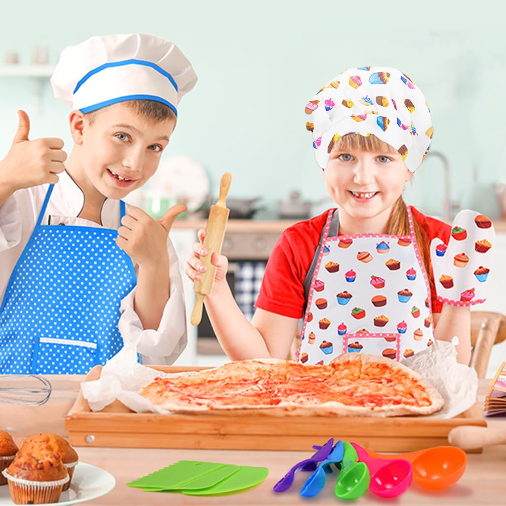 SNOWIE SOFT Chef Dress for Girl 3-7 Years Old, 4pcs Kitchen Costume Role Play Kits, Girls Apron with Chef Hat, Cooking Mitt and Print Insulation Pad Themed Photography Props