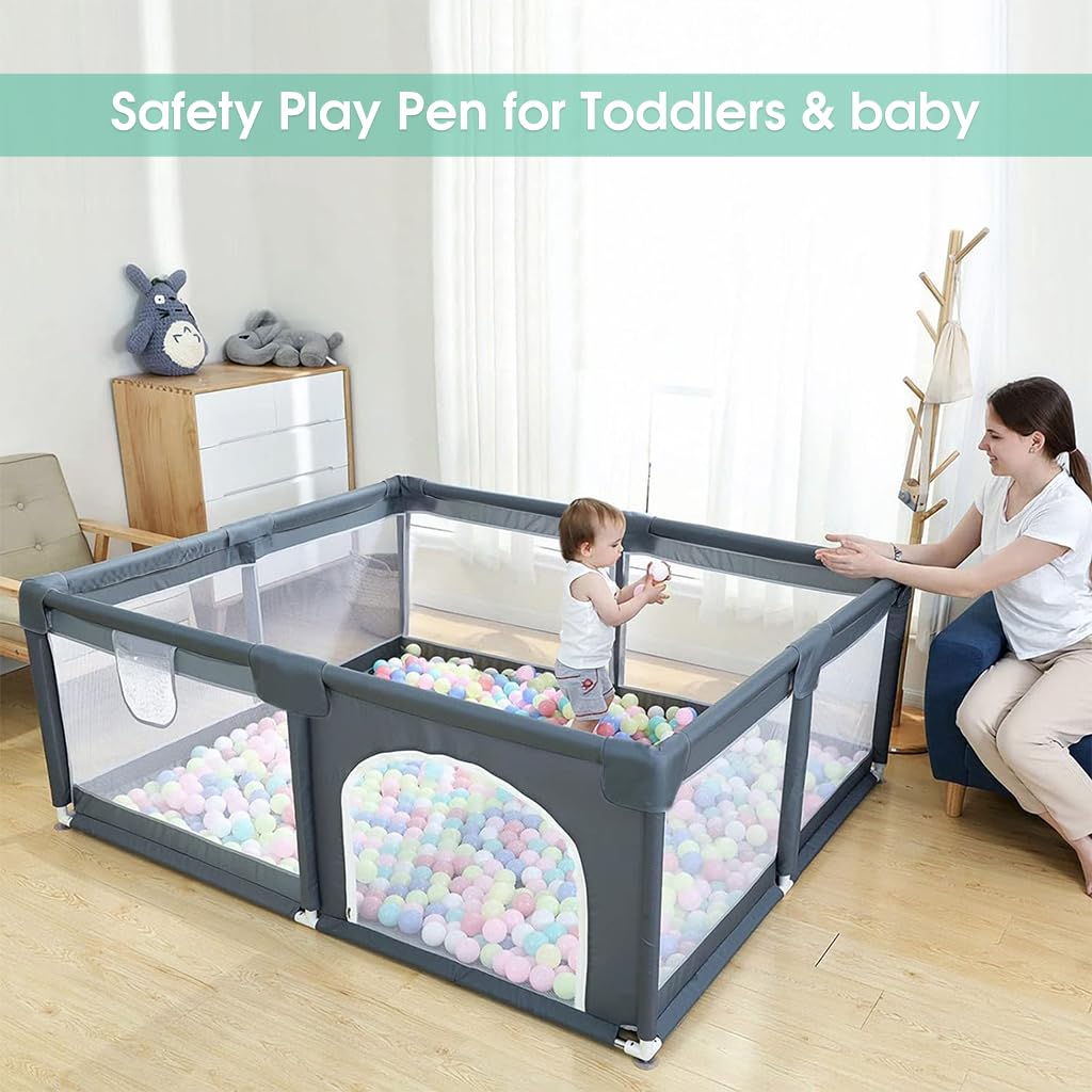 SNOWIE SOFT Baby Ball Pit (No Balls) Assemble Baby Play Area DIY Toddlers Amusement Play Zone with Zipping Door, Robust Metal Frame, Soft Foam Wrap, Corner Protectors, 51'' x 51''