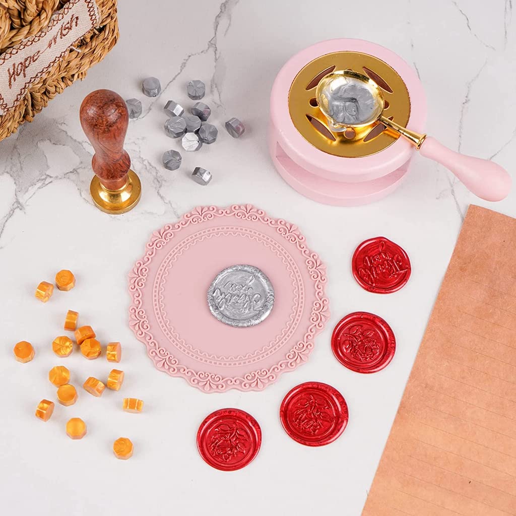 HASTHIP Wax Seal Kit with Wax Seal Furnace, Wax Seal Spoon and Wax Seal Silicone Pad for Melting Wax Seal Beads or Sealing Wax Sticks, Wax Melting Furnace Tool for Wax Envelope (Pink)