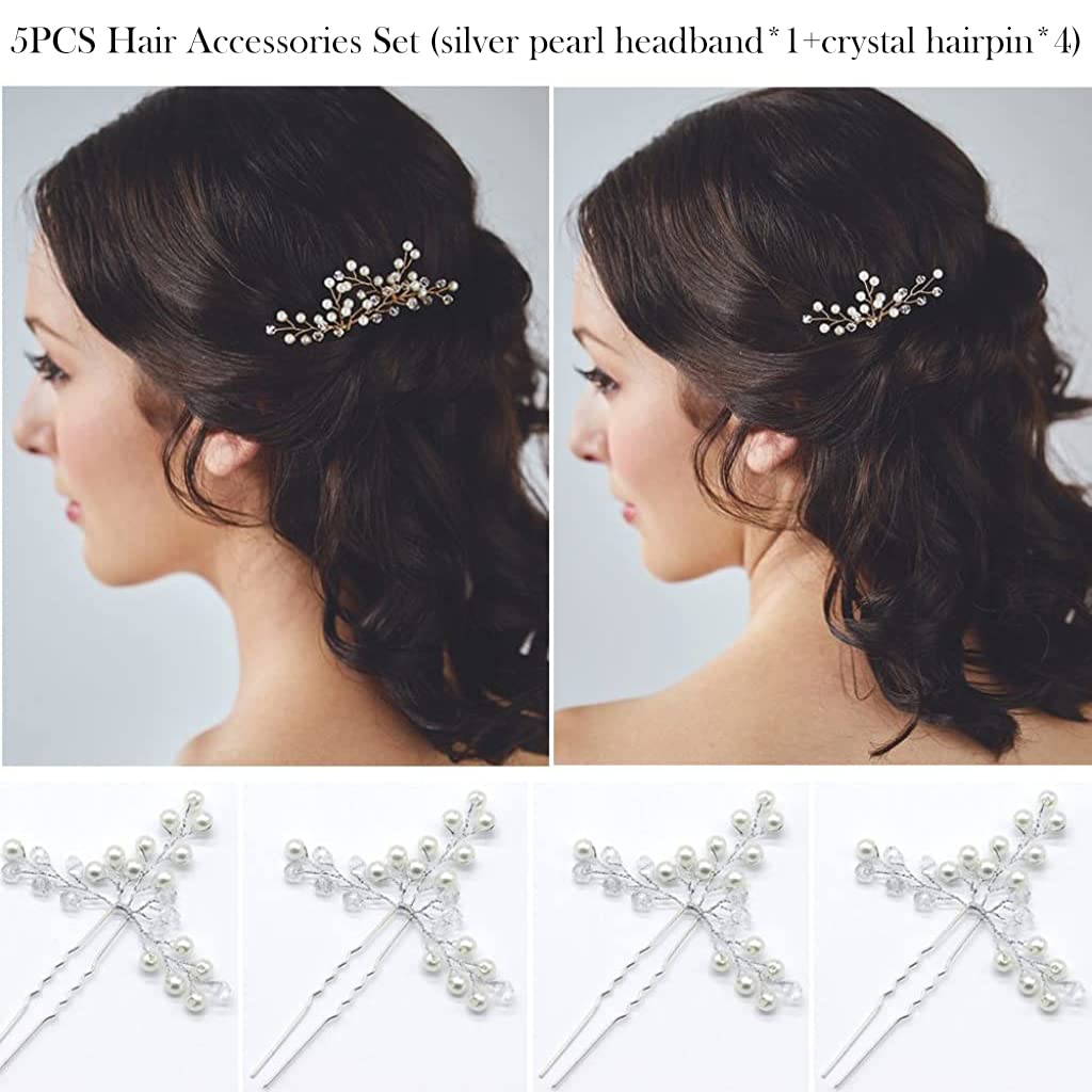 SANNIDHI 5Pcs Bridal Hair Accessories Set Hair Pins for Women, Pearl Metal Wedding Hair Vine Crystal Beaded Hair Piece for Bride, Bridesmaids, Anniversary