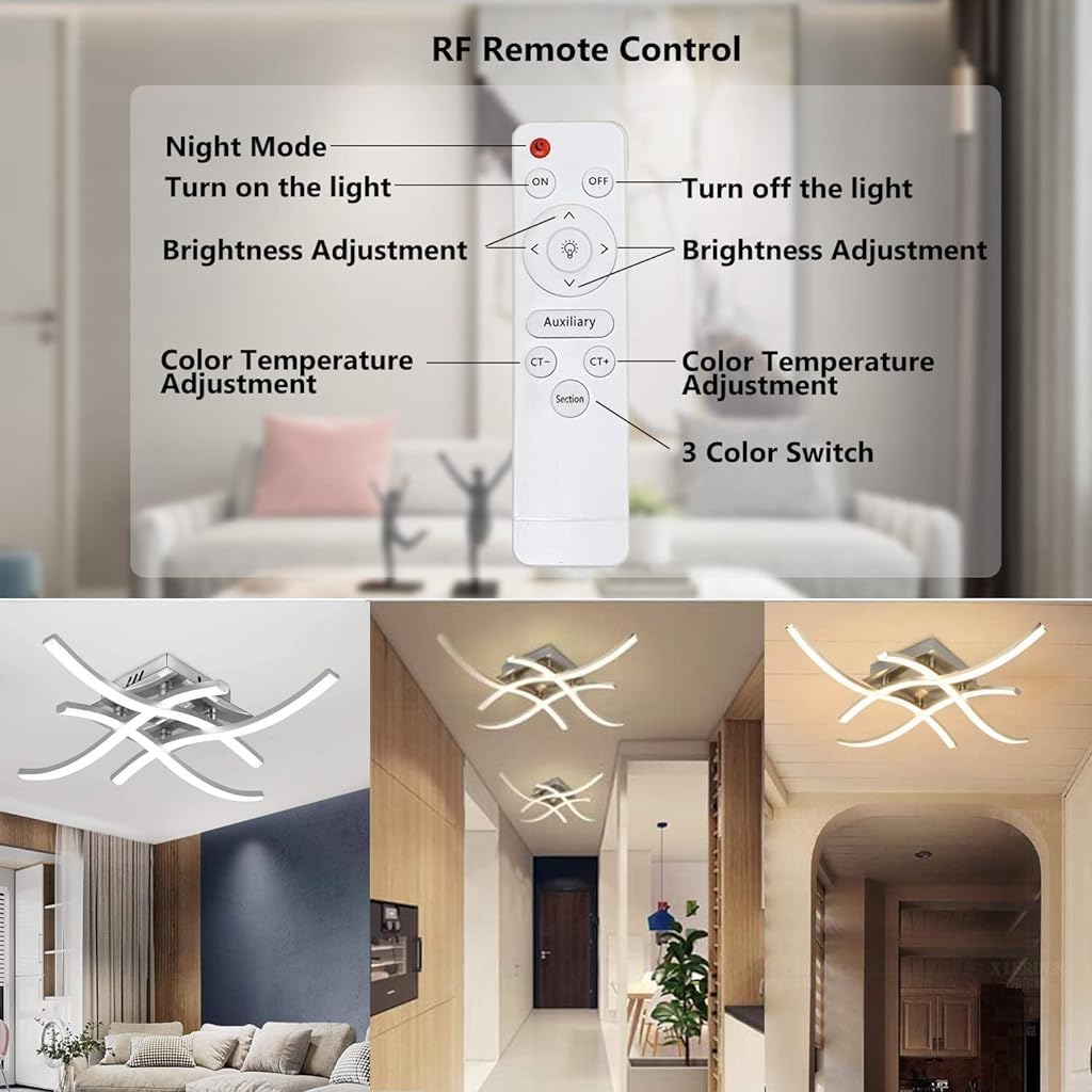 ELEPHANTBOAT 3 Color Temperature LED Drop Ceiling Lights, 24W Modern Curved Design Lamp with Remote Control, Metal Flush Mount Lighting Fixture 4 Built-in LED Board