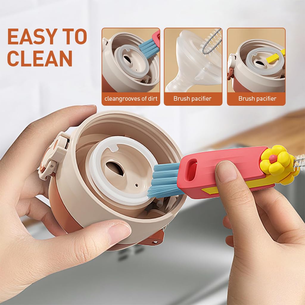 HASTHIP 3Pcs Bottle Cleaning Brushes 3 in 1 Water Bottle Cleaning Brushes, Dual Head Cleaning Brush with Folding Sealing Ring Removal Tool Cute Kitchen Cleaning Brush