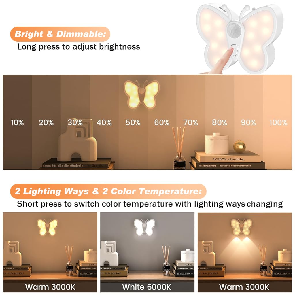ELEPHANTBOAT Butterfly LED Night Light with Spotlight, 2 Color Temperature & Smart Motion Sensor, USB Rechargeable Magnetic Night Light with Versatile Modes for Kid Room, Bedroom, Hallway