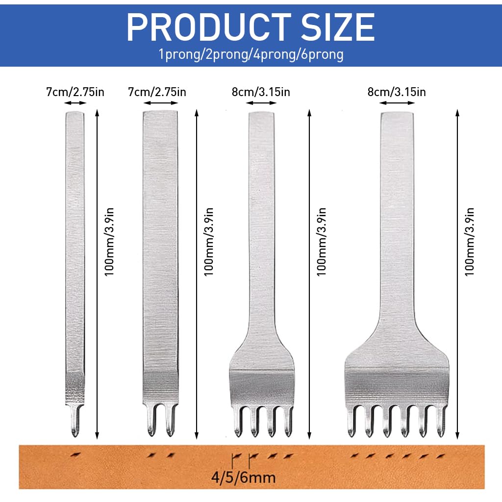 HASTHIP 4Pcs Leather Stitching Punches Stitching Chisel Set, 1/2/4/6 Prong Stitching Punch Tool Stitching Prong for DIY Leather Crafts Hand Leather Stitching Tools
