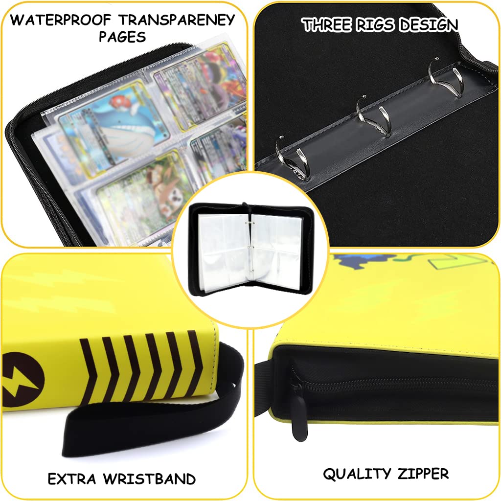 PATPAT Poke-mon Binder, Cards Collector Album Holder for 400 Poke-mon Cards Cartoon Prints Zipper Bag Trading Card Binder Poke-mon Cards Collection Bag Game Cards Case Gift for Kids Boys Girls-Yellow