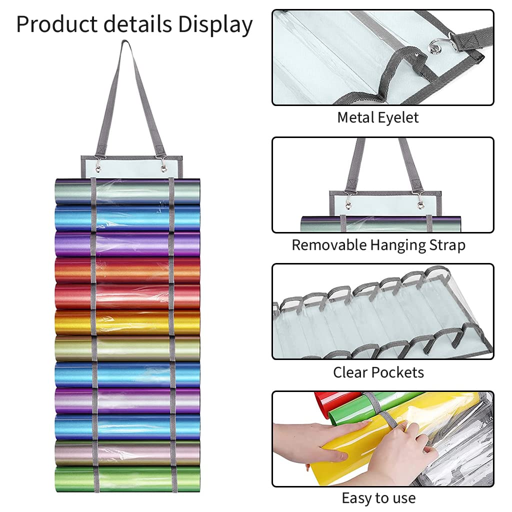 HASTHIP Vinyl Roll Holder with 12 Compartments Wall Hanging, 2 Hooks and 1 Hanging Strap, Clear Vinyl Organizers Holder Wall Mount for Home Craft Closet Wall Door, 67cmX22cm (Grey)