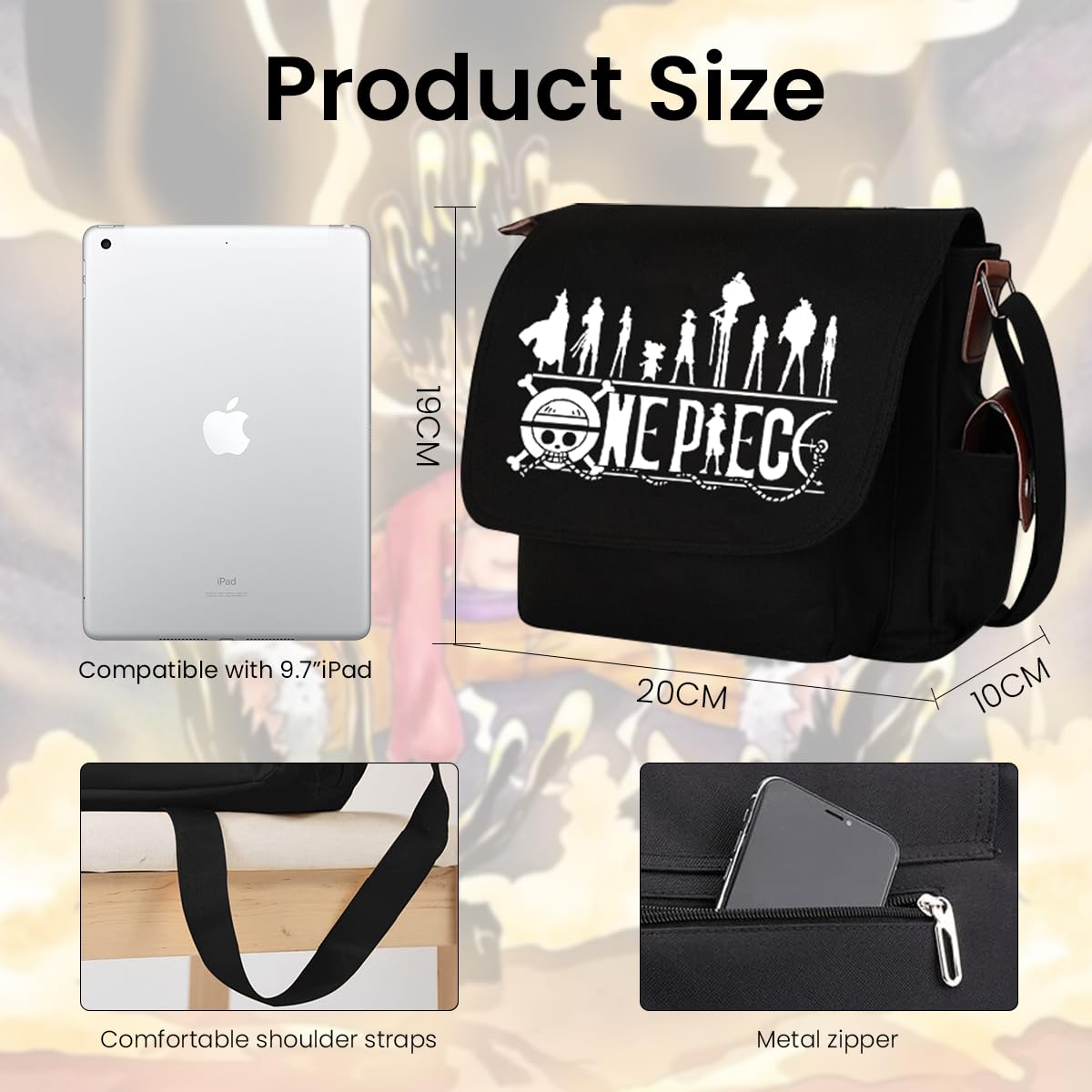 FANCYKU Sling Bag for Men Women, Anime One Piece Print Satchel Bag, Canvas Side Bag Multifunction Chest Shoulder Bag Waterproof Hiking Travel Bag Messenger Bag