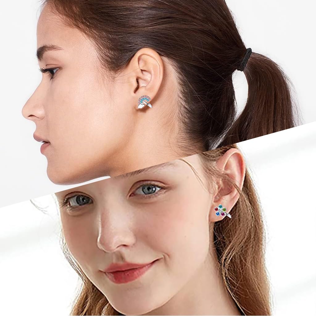 SANNIDHI® 6 Pairs Silver Earrings for Girls Stylish Clip-on Princess Stud Earrings for Girls Cute Shining Crystal Heart Butterfly Kids Earrings for Girls Jewelry Gift - Non-Piercied