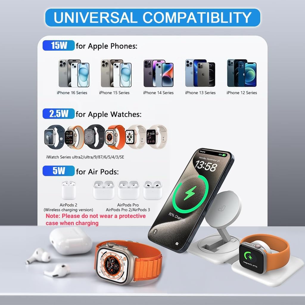 zitronix TYPE C Wireless Charger for Apple 4 In 1 Magnetic Wireless Charger with TYPE C & Light-ning Charging Cable Travel Wireless Charger Adapter for iPhone, iWatch, AirPods, Type C Devices