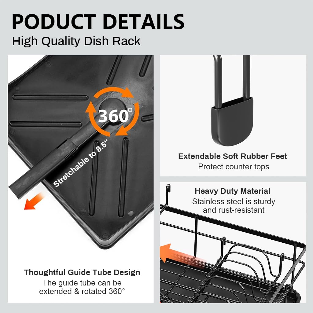 HASTHIP Large Metal Dish Drying Rack with Expandable Cutlery Holder and Drip Tray, Multi-Functional Kitchen Organizer, Telescopic Tableware Holder Organizer for Dish, Bowl, Tableware