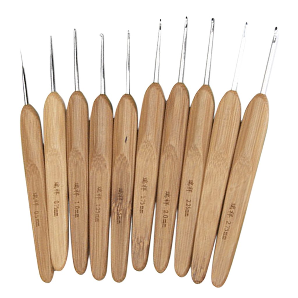 Supvox Imported Set of 10pcs Metal Crochet Hooks with Bamboo Handles 0.5-2.75mm