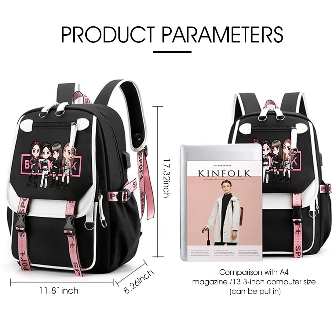 PALAY Blackpink School Backpack For Girls School Bag With Usb Charging & Headset Port Kpop Idol Print Laptop Backpack College School Bookbag For Boys