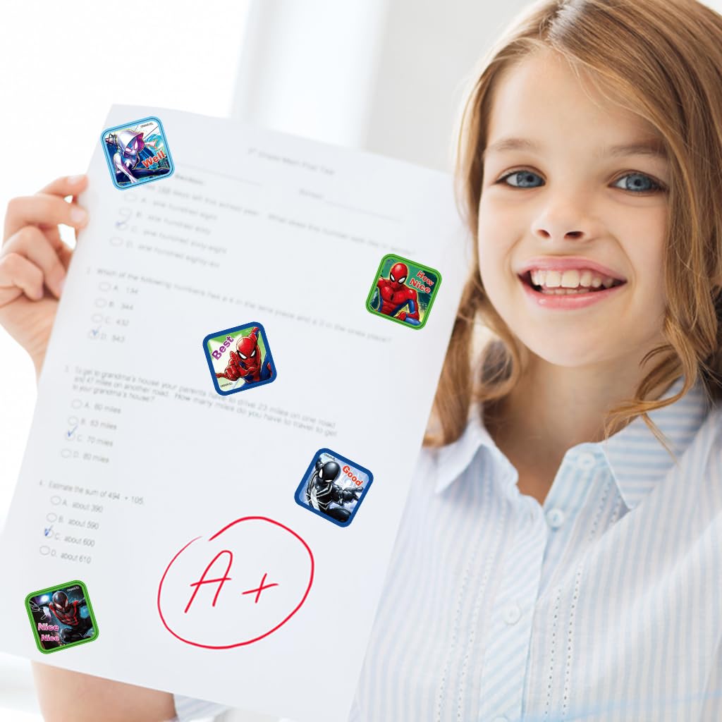 HASTHIP 200Pcs Spider Man Stickers for Kids Rewards, 0.98 inch Spiderman Cartoonish Sticker of 10 Patterns, Party Bag Fillers Boys Girls Teachers as Reward Craft Scrapbooking in Box Gift Set