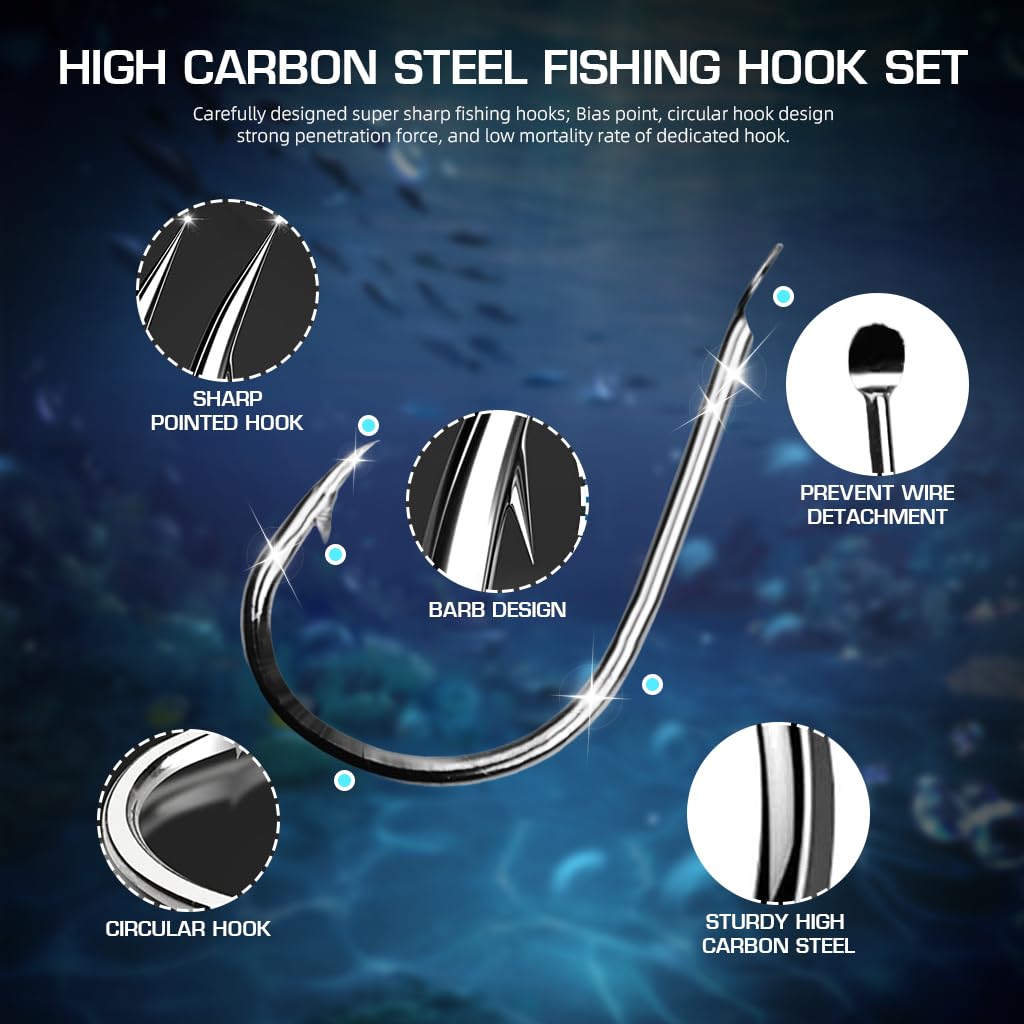 ZIBUYU 500Pcs Fishing Hooks Set 10 Sizes Fishing Hooks High Carbon Steel Fishing Hooks Barbed Hooks Ringed Eye Fishing Hooks