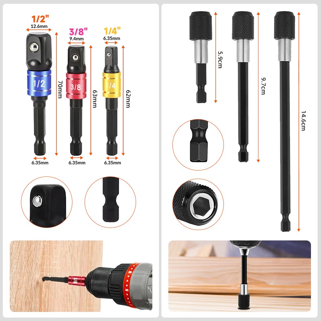 Serplex Flexible Drill Bit Extension Set with 105° Right Angle Attachment, Rotatable Joint Socket 3PCS (1/4, 3/8, 1/2 In Hex Adapter) & Bendable Screwdriver Bit for Home DIY and Professional Use